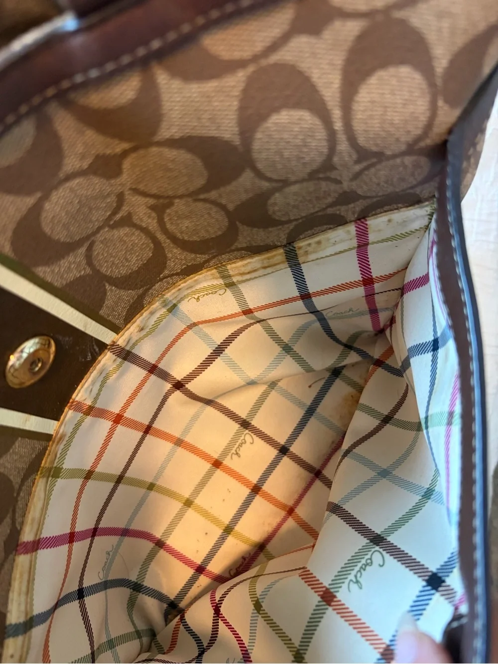 Coach Brown Signature Stripe Tote with Gold Accents